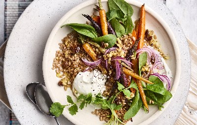 Organic Spelt Grain Salad With Roasted Carrots, Whipped Feta And Coriander 