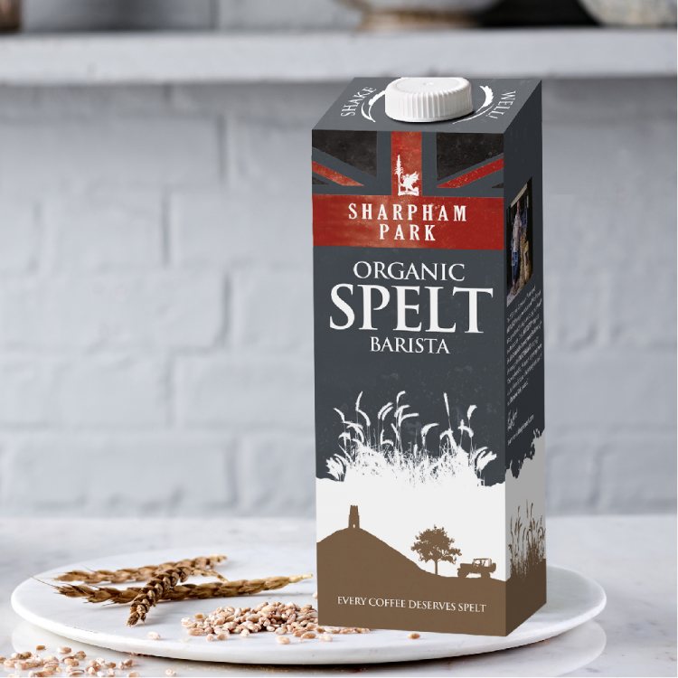 Photo showing the Sharpham Park Barista Blend Spelt milk alternative drink in a carton on a white su